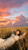 Young woman with brown hair and fair complexion lying in golden wheat field, gazing upward at dramatic sunset sky with vibrant orange, pink, and purple clouds during golden hour.