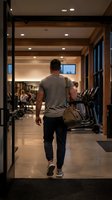 Athletic man walking into modern gym carrying sports bag, ready for workout session in well-equipped fitness center with cardio machines and warm lighting.