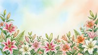 Watercolor floral border with lilies and ferns on pastel gradient background for spring designs, wedding invitations, greeting cards and botanical artwork.