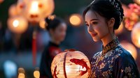 Young Asian woman in traditional blue floral dress holding glowing red paper lantern at night festival with warm bokeh lights creating magical atmosphere.