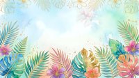 Watercolor tropical foliage and flowers frame a soft pastel background with vibrant pink, blue, and golden leaves. Ideal for invitations, greeting cards, and decorative design projects.