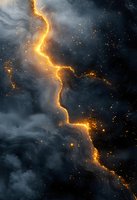 Glowing golden lightning crack against dark stormy clouds with sparkling particles, creating dramatic contrast between light and darkness in night sky.