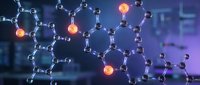 Molecular structure with glowing atoms on purple background for chemistry education, pharmaceutical research and scientific presentations.