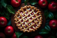 Freshly baked apple pie with lattice crust surrounded by red apples and green leaves on dark wooden background, overhead view for food photography.