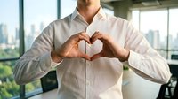 Caucasian businessman in white shirt making heart shape with hands in modern office, symbolizing love, care, and corporate wellness.