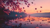 Autumn maple leaves falling over calm lake water at sunset with pink and purple sky reflection creating peaceful seasonal nature scene.