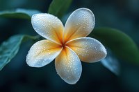 Fresh plumeria flower with morning dew drops on white petals against dark green background, soft focus macro photography creates dreamy tropical atmosphere.