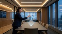 Professional businesswoman presenting holographic data visualization in modern corporate boardroom with city skyline view during evening meeting.