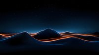 Glowing orange light trails flow across dark mountain silhouettes against starry night sky, creating dynamic abstract landscape for technology and innovation concepts.