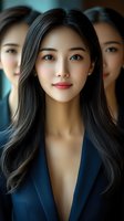 Young Asian woman with long dark hair wearing navy blue blazer, looking directly at camera with natural makeup and confident expression. Professional portrait.