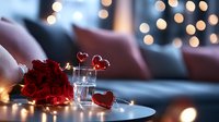 Romantic Valentine's Day setting with red roses and heart decorations on table against blurred bokeh lights background, creating intimate atmosphere.