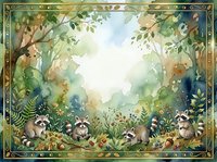 Woodland scene with raccoons, mushrooms, and lush foliage framed by ornate gold border, watercolor style forest landscape with animals and plants for nature-themed designs.