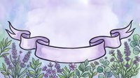 Lavender field with purple ribbon banner on white background, isolated botanical illustration for greeting cards, invitations, and design projects.