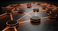 Connected network nodes with glowing orange links on dark surface representing digital communication, data transfer and technology infrastructure systems.