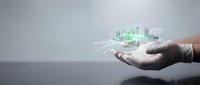 Hand in protective glove holding glowing green digital building model with data network visualization for smart city, real estate technology, and urban development concepts.