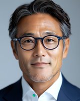 Middle-aged Asian businessman wearing navy blue glasses and suit smiles confidently at camera. Professional corporate headshot with soft lighting against light background.