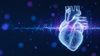 Digital holographic human heart with glowing blue and purple light effects on dark background for medical technology and healthcare innovation concepts.