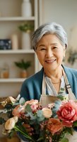 Senior Asian woman with gray hair smiling while arranging fresh pink and coral roses and eucalyptus in apron. Florist, gardening, small business, hobby, home decor, lifestyle.