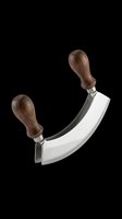 Curved ulu knife with dark wood handles and stainless steel blade, isolated on transparent background. Ready for clipart, design elements, print-on-demand products, and sublimation projects.