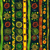 Vibrant ethnic seamless pattern with abstract suns, spirals and stripes in green, yellow and orange on dark background. Traditional African style motifs repeat.