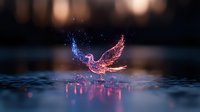 Magical glowing phoenix bird rising from water surface with pink and blue light effects creating mystical atmosphere against dark blurred background.