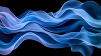 Flowing abstract blue waves on black background create dynamic motion effect. Smooth curved lines with gradient color transitions suitable for modern design projects.