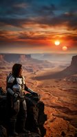 Futuristic female warrior in armor standing on cliff overlooking desert canyon at dramatic sunset with twin suns in alien landscape for sci-fi concepts.