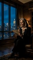 Senior businesswoman in formal black suit reviewing documents in luxury high-rise office at night, city skyline visible through floor-to-ceiling windows, professional corporate environment for business and leadership concepts.