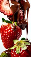 Fresh ripe strawberries with dark melted chocolate dripping down creating an indulgent dessert composition against white background for food photography.