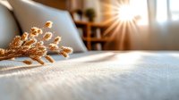 Dried golden wheat stems on white knitted fabric texture in soft morning sunlight. Cozy minimalist home interior with natural decor and warm atmosphere.