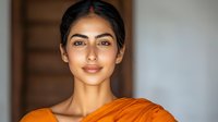 Young South Asian woman in orange traditional dress with natural makeup and confident smile against soft blurred background, looking directly at camera.