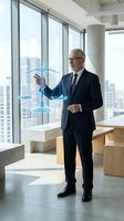 Senior Caucasian lawyer in dark suit interacting with holographic justice scales in modern office with city skyline view for legal technology concepts.