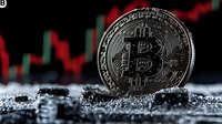 Silver bitcoin coin against blurred red and green trading chart background, placed on dark textured surface with dramatic lighting for financial concept.