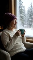Senior Caucasian woman in purple knit hat enjoying hot beverage by window during winter snowfall, cozy indoor atmosphere with fireplace warmth.