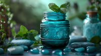 Fresh mint leaves garnish ornate teal glass jar with embossed butterfly pattern, surrounded by smooth zen stones in moody garden setting with soft bokeh effect.