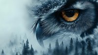 Dramatic close-up of owl eye with amber iris blended into misty forest landscape at dusk, creating mysterious double exposure effect for nature and wildlife designs.