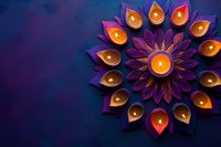 Glowing diya lamps arranged in circular mandala pattern with purple and orange paper decorations for Diwali festival celebration on dark background.