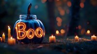 Glowing neon Boo sign in black pumpkin surrounded by burning candles on dark forest ground with magical bokeh lights creating spooky Halloween atmosphere.