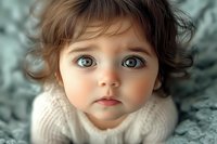 Close up portrait of young child with expressive blue eyes and dark curly hair wearing white knit sweater against soft teal background. Gentle lighting enhances innocent expression.