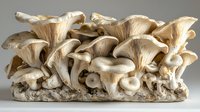Fresh oyster mushrooms growing in cluster formation on white substrate, displaying delicate gills and cream-colored caps in natural organic arrangement.