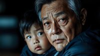Asian grandfather holding young grandson in tender family moment showing intergenerational bond and love between elderly man and toddler boy.
