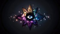 Mystical cosmic eye within geometric star shape glowing with purple and blue galaxy colors against dark background, surrounded by sparkling stars and nebula effects.