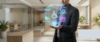 Man in business attire presenting sustainable development goals hologram in modern office environment for corporate responsibility and innovation concepts.