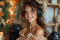 Young woman with curly brown hair wearing headphones and lace dress smiles warmly against blurred bokeh lights background, creating cozy atmosphere.