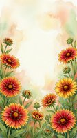 Watercolor gaillardia flowers frame with red and yellow blooms on soft pastel background, copy space for text or greeting card design.