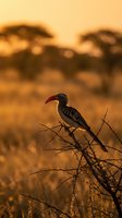 Red-billed hornbill perched on thorny acacia branch during golden hour sunset in African savanna with warm orange light and blurred trees in background.