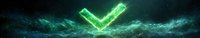 Glowing green neon arrow pointing downward against dramatic stormy clouds and dark sky background, creating futuristic cyberpunk atmosphere.