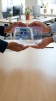 Business professionals protecting holographic digital network with hands showing teamwork and strategic partnership in modern office environment.