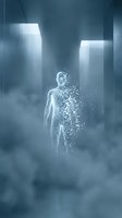 Ethereal male figure dissolving into digital particles within a misty, minimalist corridor with dramatic light rays. Concept for technology, transformation, artificial intelligence, and digital innovation.