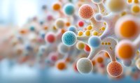 Colorful molecular structure with orange, blue and white spherical particles floating in space against blurred background, scientific concept for chemistry and biology.